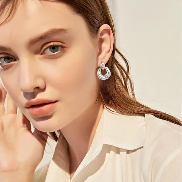 Women's Silver Brushed Square Statement Retro Hoop Dangle Earring Multiple Style - Picture 3 of 7